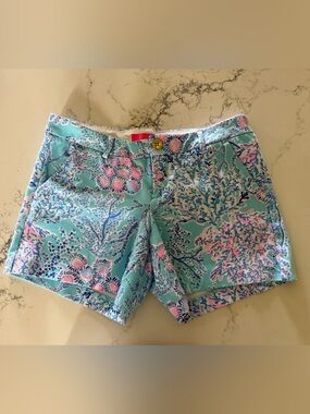 Lilly Pulitzer Pink-Trimmed Aqua Patterned Shorts